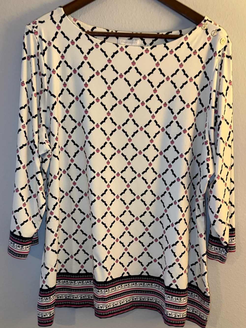 Charter Club White Geometric Boatneck Tunic with Border Print